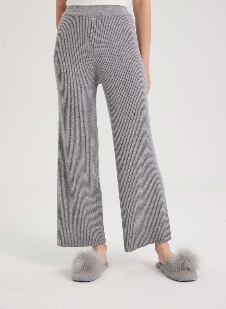 100% Cashmere Rib-Knit Leisure Bottoms/ Women's Thick and Comfy Pants Gray