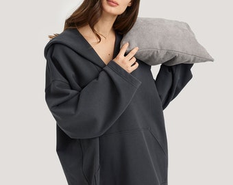 Cotton Sweater Oversized V-neck Hoodie/Baggy Tunic Top
