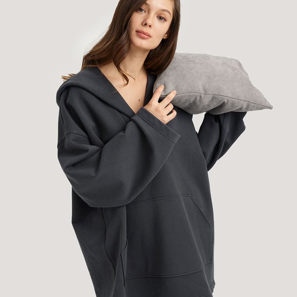 Cotton Sweater Oversized V-neck Hoodie/Baggy Tunic Top