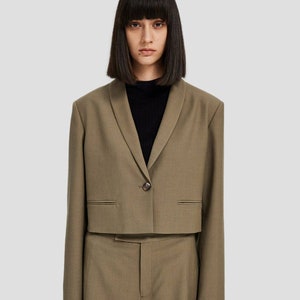May include: A cropped brown blazer with a single button closure and long sleeves. The blazer is made of a textured fabric and has a classic, tailored fit.