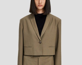 Single-Breasted Cropped Blazer/ Color Moss