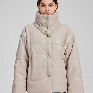 Cream Faux-Leather Puffer Jacket/ Waterproof Women&#39;s Coat
