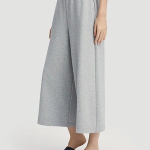 Cotton Wide-Leg Cropped Sweatpants/ Women&#39;s Casual Elastic Waist Trousers