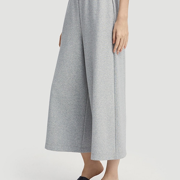 Cotton Wide-Leg Cropped Sweatpants/ Women's Casual Elastic Waist Trousers