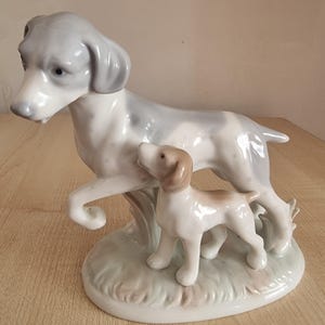 Vintage St. Michael Porcelain Dog Figurine – Pointer with Pup, Made in Japan, Hand-Painted Collectible Animal Statue