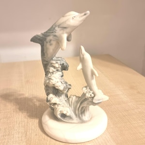 Vintage Dolphin Figurine – Ceramic Dolphin Sculpture with Ocean Waves, 7” Tall