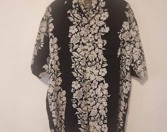 Pineapple Accessoire Hawaiihemd – Schwarz & Weiß Hibiskus Print – Größe L – Vintage Aloha Shirt