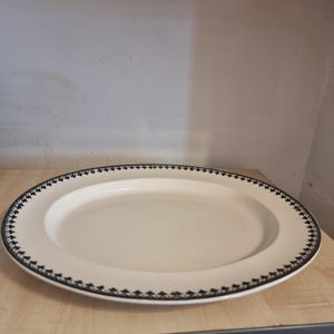 Antique Copeland White Ironstone Platter – Black Leaf Border, 40cm Serving Plate, Stamped England