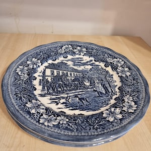 Vintage Royal Tudor Ware Coaching Taverns Dinner Plates 10&quot; – Blue & White Staffordshire England by W.N. Mellor