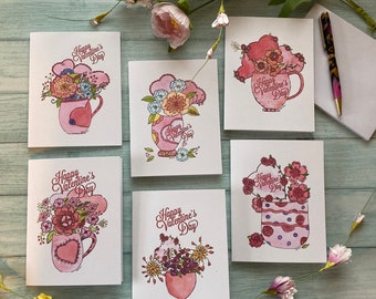 Valentine's Day Watercolor Cards, 6 Blank Valentine Note Card Set, Assorted Valentine Stationary Set, Love Notes