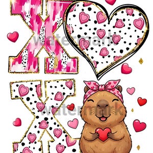 May include: A Valentine's Day design featuring the letters X and O, a heart, and a cartoon capybara holding a heart. The letters and heart have pink heart and polka dot patterns with gold accents. Pink hearts are scattered around the design.