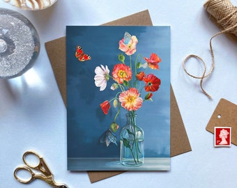 Icelandic Poppies Card / Floral Botanical Greetings Card UK / Blank Inside Cards / Nature Art Card / Butterflies