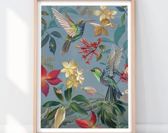 Hummingbird Print / Giclee Art prints / Tropical Botanical Nature Print / Home Decor / Wall Decor / A4 + A3 prints / Libbi King