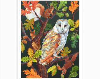 Night Owl Print / Giclée Fine Art Prints / Autumn Botanical Nature Painting / Woodland Animals Illustration / Home Decor / Libbi King