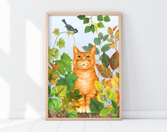 Spring Cat Print / Giclée Art Prints / Ginger Cat Illustration / Botanical Nature Print / Nursery Print / Home Decor / A4 + A3 / Libbi King