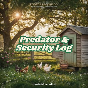 May include: A Predator & Security Log book cover featuring the text ROOST & RECORD CO. Track Every Egg Know Every Hen, with an outdoor scene of chickens in a grassy field near a wooden coop, a basket of eggs, and the text roostandrecord.co.