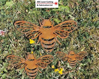 Set of 3 Rusty Honey Bees , raw mild steel spring summer garden fence shed art decor