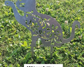 Pet cat shape flower silhouette steel garden sign stake rusty metal 36cmx34cm