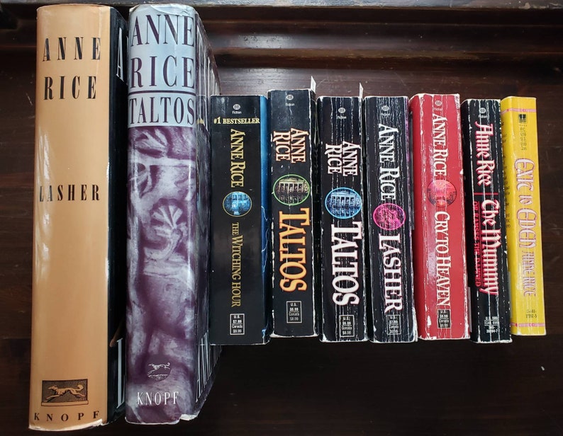 May include: A collection of ten paperback books by Anne Rice, including titles like "The Witching Hour", "Lasher", "Cry to Heaven", and "The Mummy".