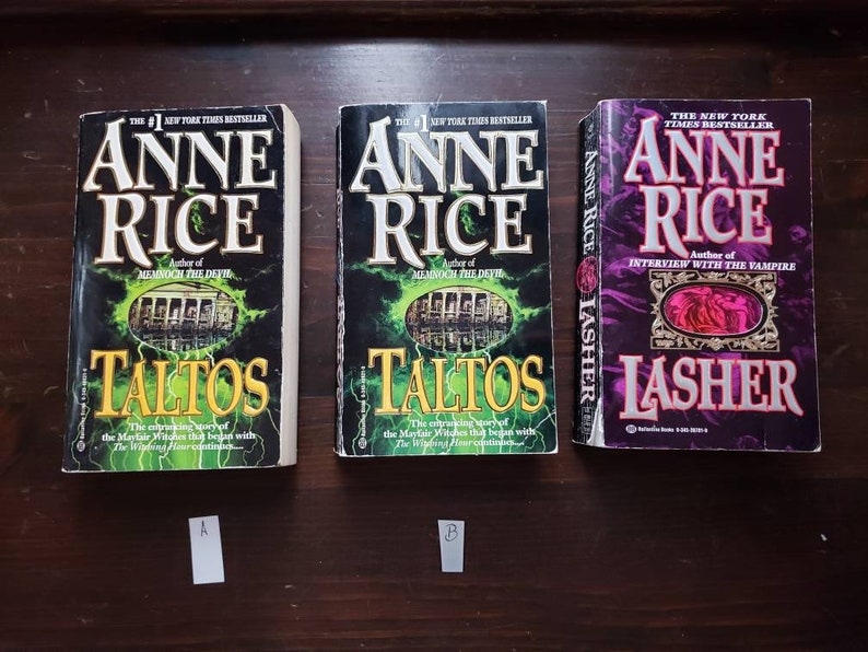 May include: Three paperback books by Anne Rice, all with green and black covers. The books are titled "Taltos", "Taltos", and "Lasher".