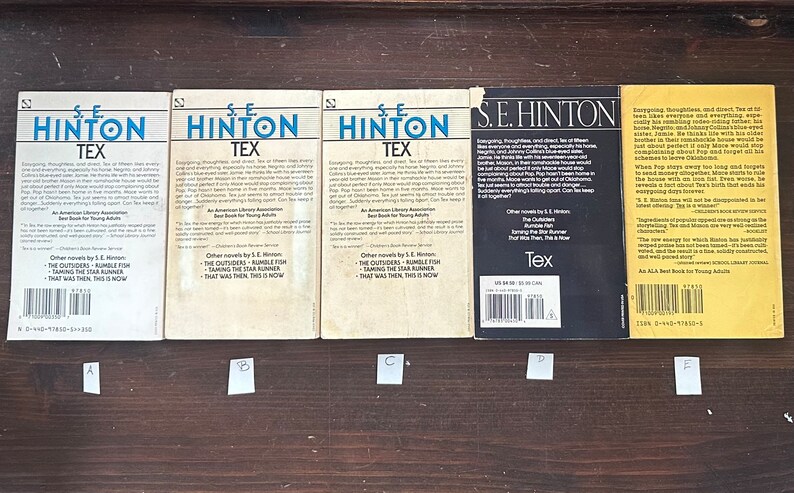 May include: Five paperback books with white covers and black text. The books are all by S.E. Hinton and are titled "Tex". The back covers of the books feature a description of the book and other books by the author.