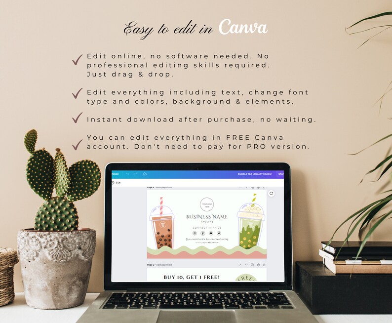 Bubble Tea Loyalty Card Template Editable Boba Tea Reward Etsy