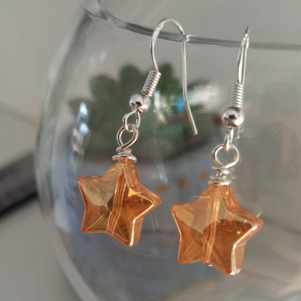 Orange Star Glass Beaded Earrings, Dangle Drop Earrings, Gifts for her Gifts Ideas, Birthday Ideas, Celestial