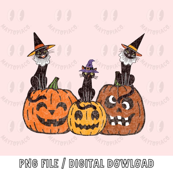 black cat wearing witch hat PNG file, Black cat pumpkin, spooky vibe, retro black cat, vintage Halloween