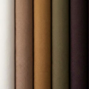 Op de afbeelding: Vijf verticale rollen stof naast elkaar geplaatst, met een keperbinding textuur. De kleuren van links naar rechts zijn gebroken wit, lichtbruin, goudbruin, olijfgroen en donkerpaars, wat een verloop van neutrale tinten creëert.