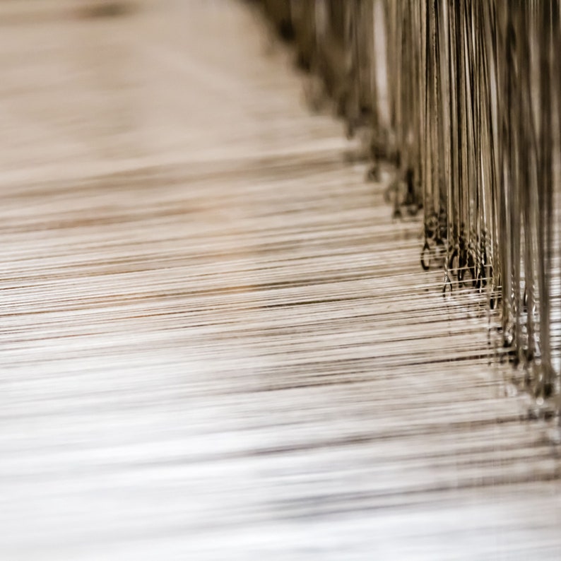 May include: Close-up of a loom with many threads running parallel to each other. The threads are white and the loom is made of metal.