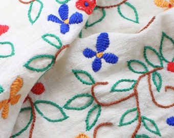 Vibrant Floral Garden Hand embroidered on Organic Kala Cotton Fabric, 36" inches wide, 126 GSM