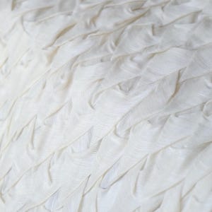 May include: Close-up of a white fabric with a textured, layered design. The fabric appears to be made of a soft material, with a rippled, wave-like pattern. The folds create shadows and depth, enhancing the visual texture.
