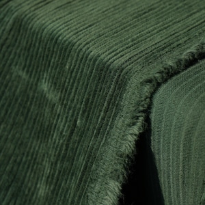 May include: Close-up of a section of dark green corduroy fabric. The fabric has a ribbed texture with visible ridges and a soft, plush appearance. The edges of the fabric are frayed, revealing the texture of the material.