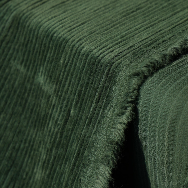 May include: Close-up of a section of dark green corduroy fabric. The fabric has a ribbed texture with visible ridges and a soft, plush appearance. The edges of the fabric are frayed, revealing the texture of the material.