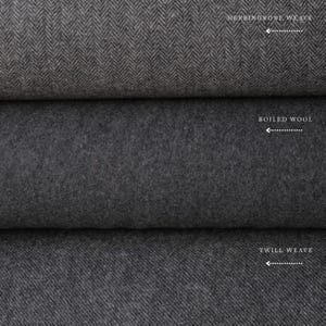 May include: Close-up of three gray fabric swatches. The top swatch is a herringbone weave, the middle is boiled wool, and the bottom is a twill weave. Each fabric sample is labeled with its respective name in white text.