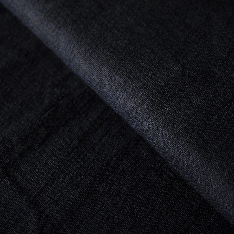May include: Close-up of a dark, textured fabric with a subtle sheen. The material appears to be folded, revealing varying shades of black and charcoal. The weave of the fabric is visible, suggesting a natural fiber textile.