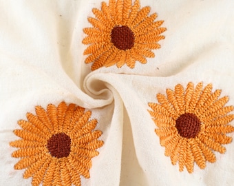 Sunflowers Hand embroidered on Organic Kala Cotton Fabric, 36" inches wide, 126 GSM