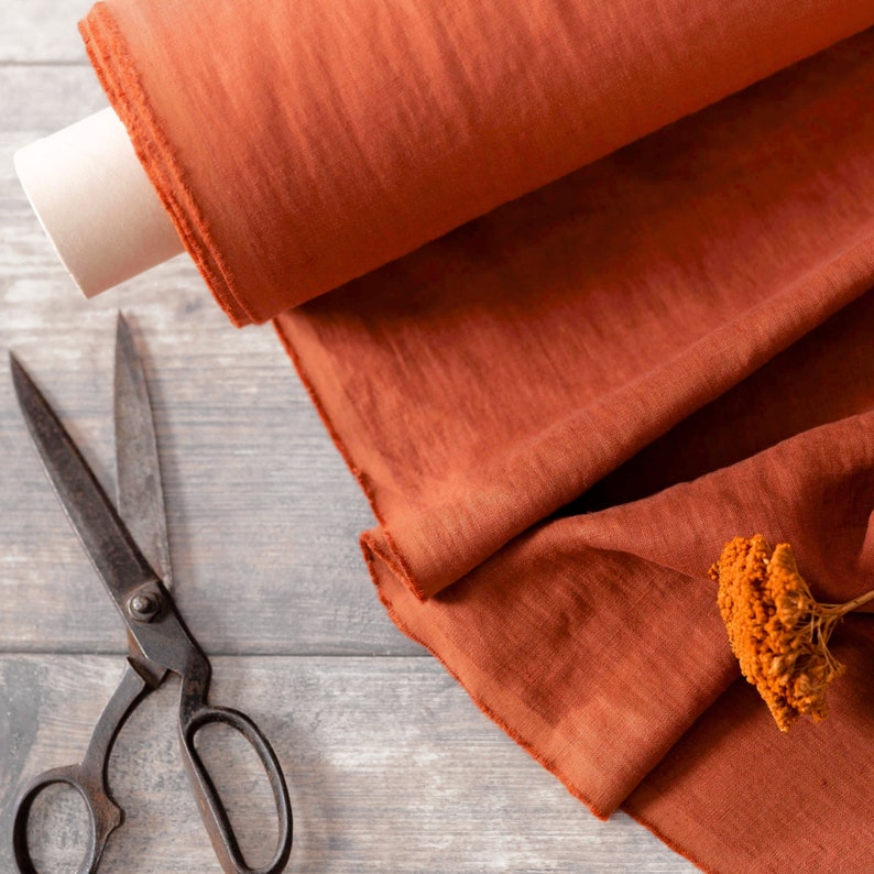 Rust Orange/Brick Red Linen Fabric by the yard, 58 inches wide, 40s lea, 140 GSM image 3