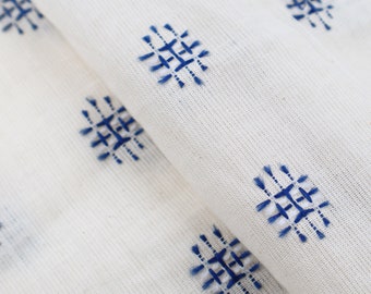 Blue Motifs on Bengal Muslin Cotton Fabric by the yard, 50" inches wide, 110 GSM