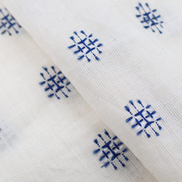 Blue Motifs on Bengal Muslin Cotton Fabric by the yard, 50" inches wide, 110 GSM