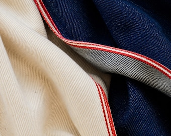 Handwoven Indigo Cotton Denim Fabric, Lightweight (210 GSM) Twill with 2 Red Selvedge