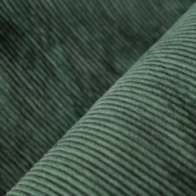 May include: Close-up of a textured, dark green corduroy fabric. The fabric has a ribbed pattern running diagonally across the image, creating a sense of depth and texture. The corduroy appears soft and plush, with a slight sheen.