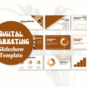 May include: A digital marketing slideshow template with a brown and white color scheme. The template includes slides for topics on the agenda, revenue growth, ad spend, ad revenue, customer data, market share, and customer preferences. The slides feature charts, graphs, and text boxes.