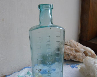 Botella medidora Aqua Blue, grabada con CUCHARAS DE MESA. Hecho en 1900