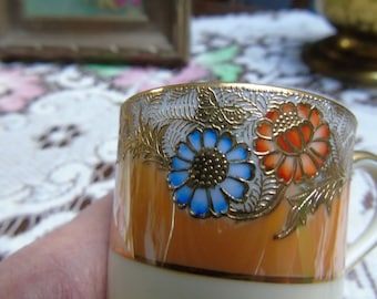 Wonderful Antique Noritake Cabinet Cup and Saucer, Circa 1920s. Very colourful and delicate. Gilded