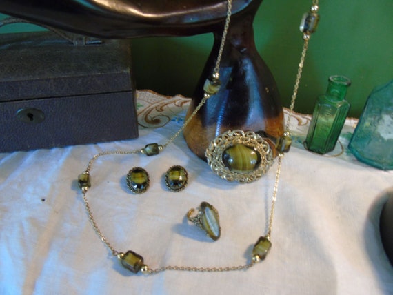 Collection of Tiger Eye Vintage Costume Necklace, Ring
