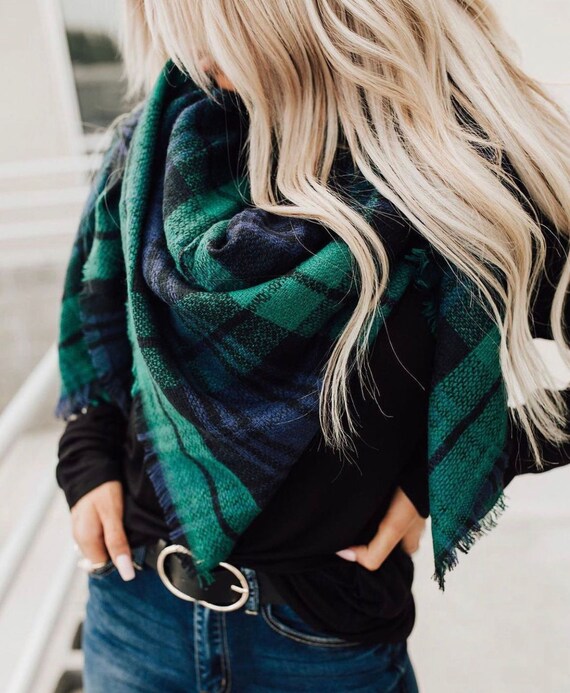 Fringed Scarf Green Plaid Blanket Scarf Olive Green Winter Scarf