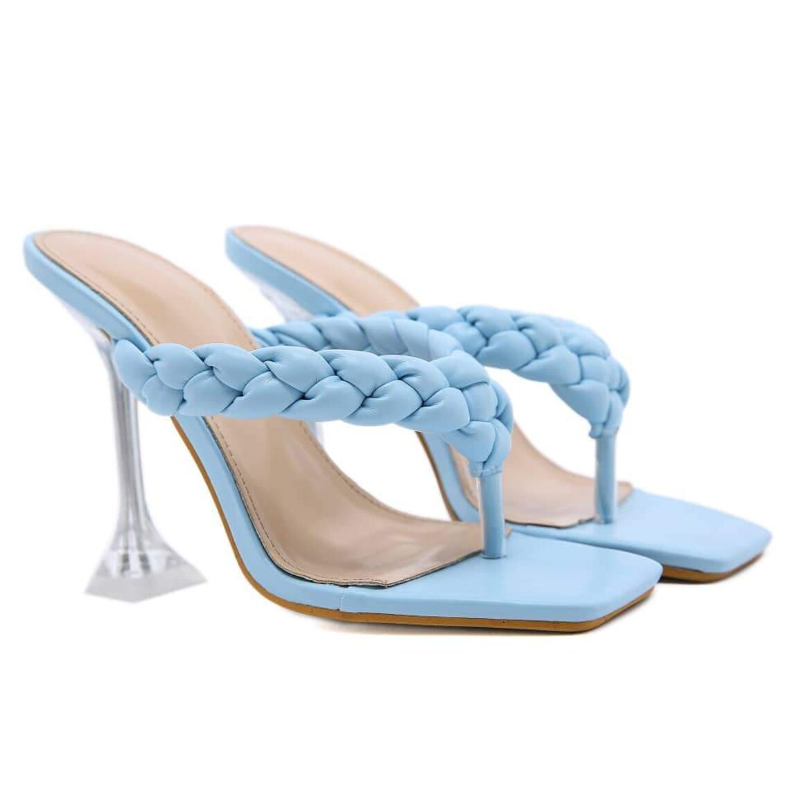 clear toe thong square toe heeled sandals