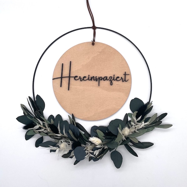 Türkranz mit Trockenblumen / Eukalyptus Olive / Trockenblumenkranz / hereinspaziert / Türschild Holz