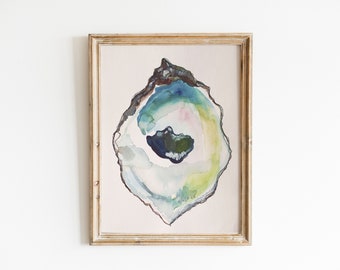 Oyster Watercolor | Shell Painting | Kitchen and Bar Art | Abstract | Blue & Green Oyster